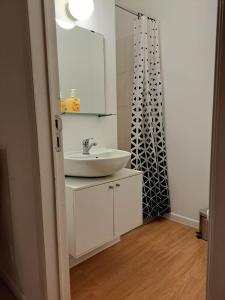 a bathroom with a sink and a shower curtain at Centre de Bruxelles, Studio D in Brussels