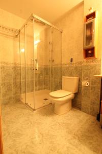 ein Badezimmer mit Toilette und Glasdusche in der Unterkunft Villa Nuria in Tramacastilla de Tena + 17 Fotos