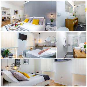 a collage of pictures of a bedroom with two beds at Rijeka Apartments TERRA I & II in Rijeka