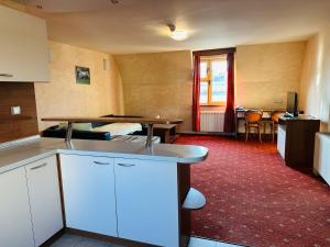 a room with a kitchen and a living room at Hotel Rai in Sofia