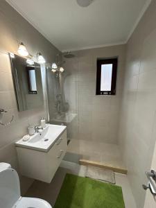 un bagno con lavandino, WC e specchio di Moolys place a Buşteni Altre 14 foto