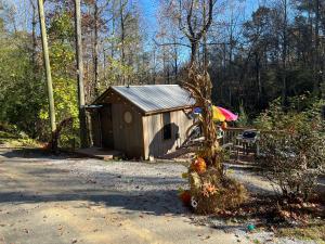 a small shed with a table and an umbrella at Herbal Essence, 420&Pets Yes in Gatlinburg