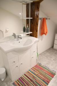 a bathroom with a white sink and a rug at Maison familiale avec jardin à Lahosse, 110 m² in Lahosse