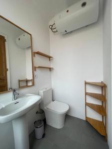 Un baño con lavabo, inodoro y espejo. en Barcelona Besos Apartment 15' to Plaza Cataluña, en Sant Adrià de Besòs