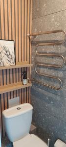 a bathroom with a toilet and a wall at SKY Studio flat in Panevėžys