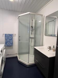 a bathroom with a shower and a sink at Efjord and Stetind Resort - Cabin Kobbernestinden in Ballangen +75 photos
