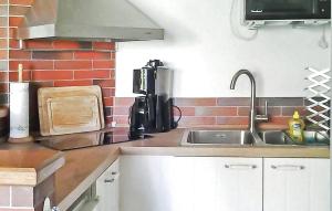 a kitchen with a sink and a brick wall at Ferienhaus Dranske Auf Rügen in Dranske