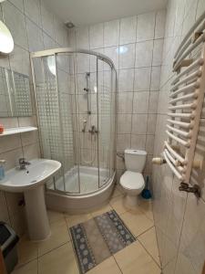 a bathroom with a shower and a toilet and a sink at Ośrodek Sportu i Rekreacji w Zawierciu in Zawiercie +10 photos