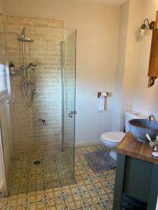 Jaffa Rooftop Studio with Sea Views في تل أبيب: حمام مع دش ومرحاض ومغسلة