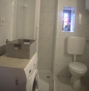 a white bathroom with a toilet and a window at Rustical Stone house with pool in Ružići