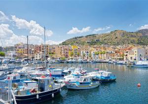a group of boats docked in a harbor with buildings at Solemar Sicilia - Casa Aura in Porticello +2 photos