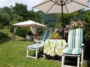 two chairs and an umbrella in the grass at Campomaggio in Pistoia