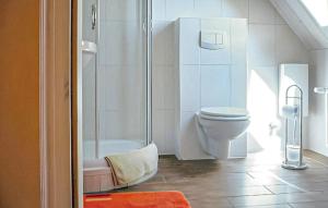 La salle de bains est pourvue de toilettes et d'une douche. dans l'établissement Ferienwohnung Karlshagen, à Karlshagen