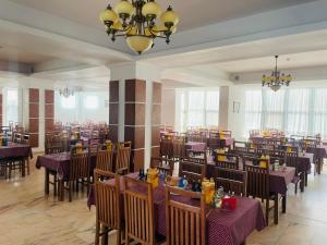 a dining room with purple tables and chairs at Hotel Silvana in Buziaş