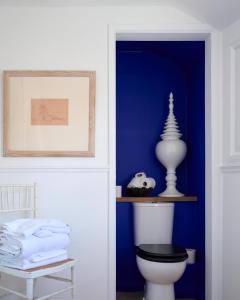 a bathroom with a toilet and a blue wall at The Cockerel in Gussage Saint Michael