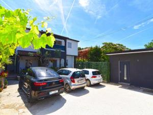 dos coches aparcados en la entrada de una casa en Cozy apartment with shared pool, en Valbandon