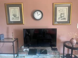 Appartement dans un vignoble في Chindrieux: غرفة بها تلفزيون وساعة على الحائط