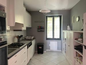 Appartement dans un vignoble في Chindrieux: مطبخ بخزائن بيضاء وفرن موقد +18 صورة