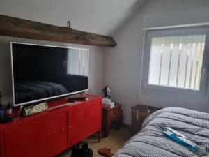 - une chambre avec une grande télévision à écran plat sur une commode rouge dans l'établissement Chez damdam et titi, à Dijon