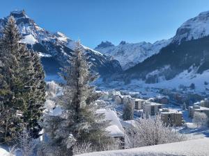 a town in the snow with mountains in the background at Apartment Aurora by Interhome in Engelberg