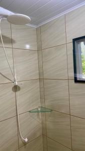 a bathroom with a shower with a glass shelf at Cantinho da Tia Dori in Rio Forcação