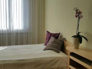 a bedroom with a bed with a potted plant on it at Apartment Alpenstrasse 621 by Interhome in Engelberg