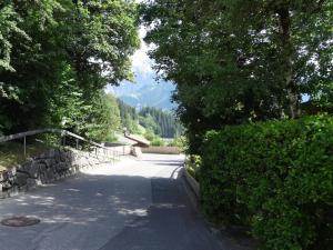 a winding road with trees and a stone wall at Apartment Steirösli 1- & 2- Stock by Interhome in Lenk