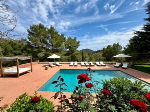 a swimming pool with chaise lounge chairs and red roses at Villa Ses Casetes Ibiza in Montecristo