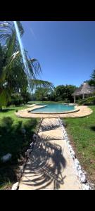 a shadow of a palm tree next to a swimming pool at Sagwe Riviera Diani, Kenya in Diani Beach