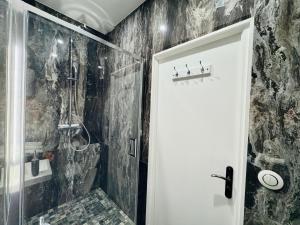 a bathroom with a shower and a white door at Le Besson, 2 pièces au cœur de la ville in Trouville-sur-Mer