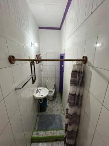 Un baño pequeño con lavabo e inodoro. en Casa Romano Hostel, en San Juan del Sur