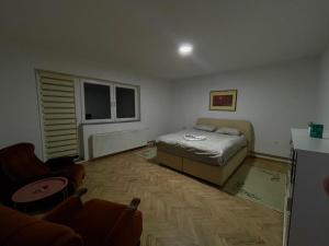 a bedroom with a bed and a couch and a chair at Apartmani Sweet Dreams in Banja Luka