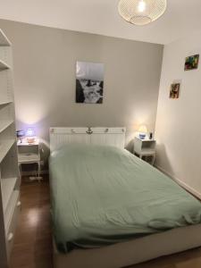 sypialnia z łóżkiem i dwoma szafkami nocnymi z lampkami w obiekcie Appartement 3 pièces cœur ville w mieście Quiberon