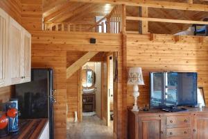 a living room with a tv in a wooden cabin at The Farmhouse in Vitina