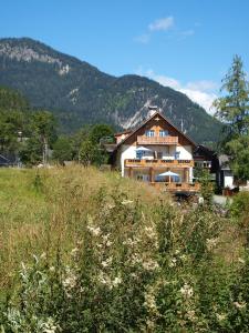 een huis aan de zijkant van een heuvel met bergen op de achtergrond bij Landhof Schober appartementen & kamers in Weissbriach