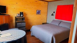 a small bedroom with a bed and a microwave at Motel du Haut Phare in Cap-des-Rosiers