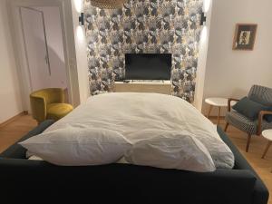 a bedroom with a bed with a television and a couch at LE PIERRE 2 CH 2 SDB 1 parking in Strasbourg