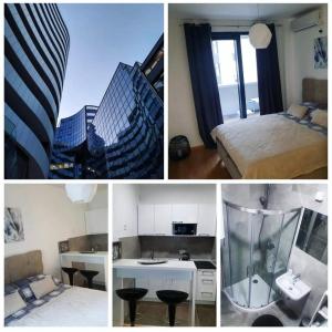 Un collage de cuatro fotografías de una habitación de hotel. en Pupin-Apartman7, en Novi Sad