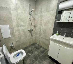a bathroom with a shower and a toilet and a sink at Хубавото място - Ski & Relax next to Pamporovo in Smolyan