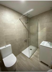 a bathroom with a shower and a toilet and a sink at Hostal el Olivo in Mora