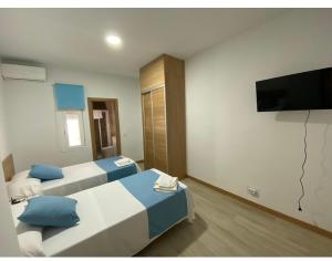 a bedroom with two beds and a flat screen tv at Hostal el Olivo in Mora