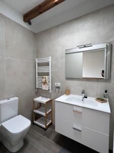 a bathroom with a toilet and a sink and a mirror at Casa Pilmar in Las Rosas