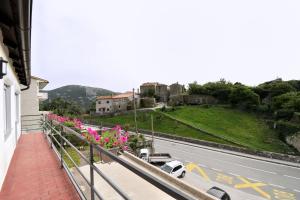 a balcony of a building with pink flowers and a road at Apartments Plomin in Plomin