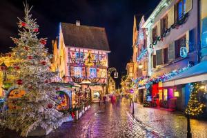 a christmas tree on a city street with christmas lights at Gîte duplex les Glycines in Bennwihr