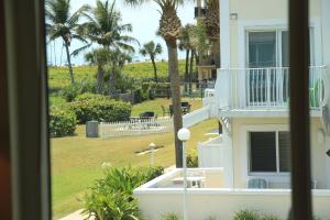 einen Blick aus dem Fenster eines Gartens mit Palmen in der Unterkunft Oceanfront in Canaveral, Views, Heated Pool & Spa in Cape Canaveral