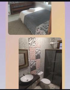 two pictures of a bathroom with a bed and a sink at Pouso C&L in Tiradentes