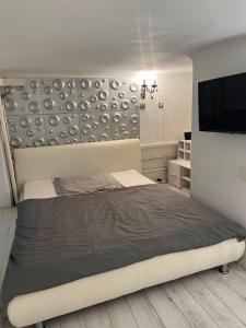 ein Schlafzimmer mit einem Bett und einem Flachbildfernseher in der Unterkunft Fashion street mini apartment in Budapest