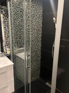 ein Badezimmer mit Dusche mit Glastür in der Unterkunft Fashion street mini apartment in Budapest