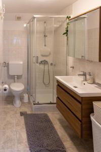 a bathroom with a shower and a sink and a toilet at Apartments by the sea Prigradica, Korcula - 544 in Blato