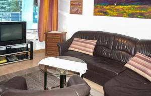 Una sala de estar con un sofá de cuero y un televisor. en Ferienwohnung Pruchten, en Pruchten